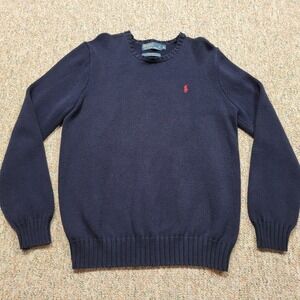 Polo Ralph Lauren Sweater Mens Medium Blue Knit Heavy Fisherman Cotton Pony Prep